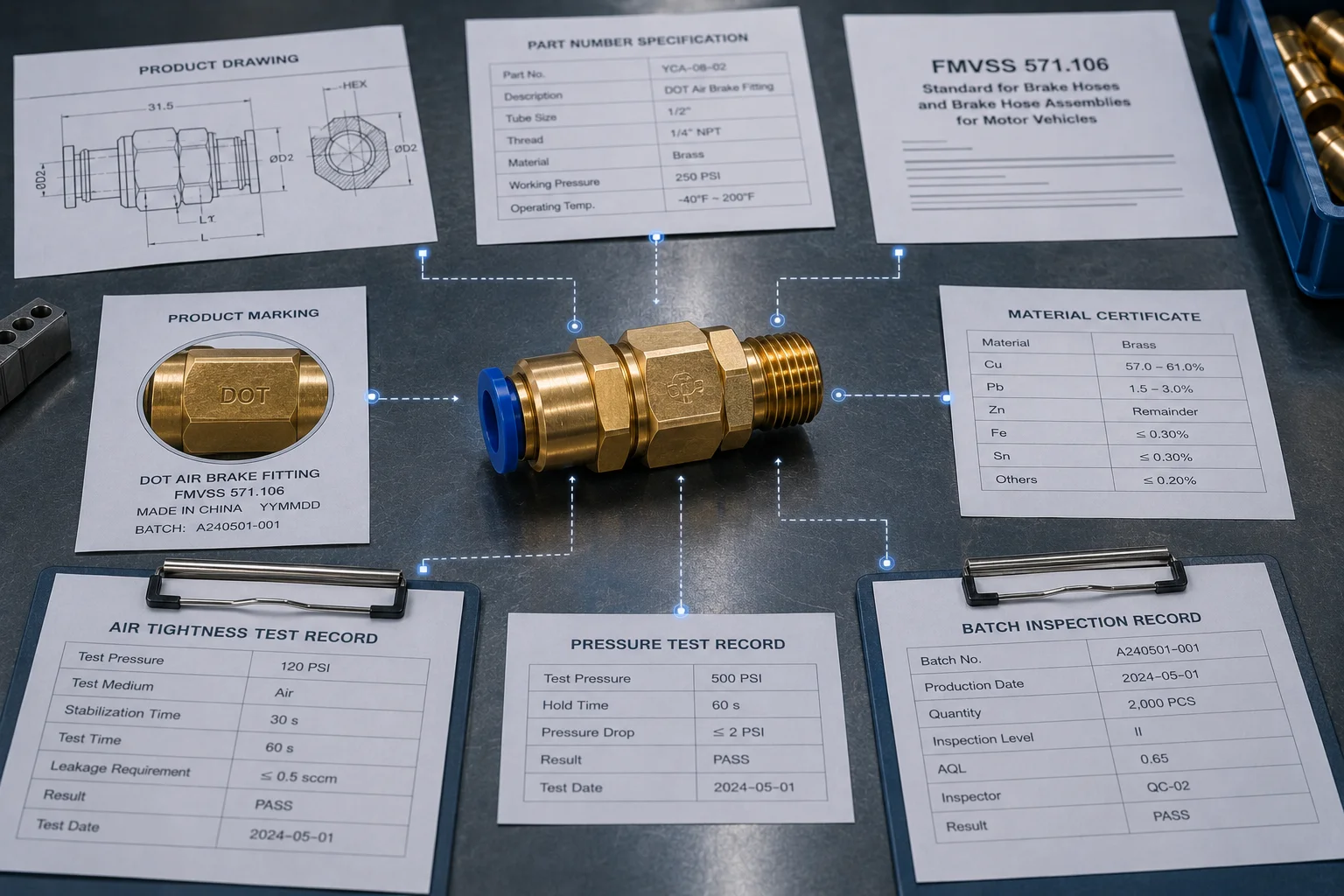 DOT Certification for Air Brake Fittings product identification and compliance documents